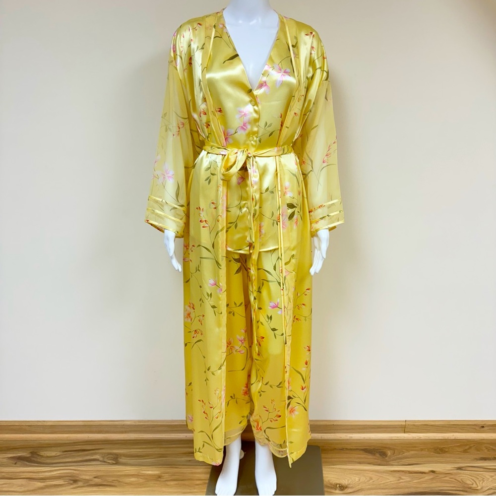 Oscar de la Renta Pink label Peignoir Top Kimono Robe Pant set Floral Print L